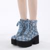 Martin Boots Cowboy Blue Buckle Short Boots Side Zipper Autumn and Winter High Bottom Front Lace-Up Women's Boots