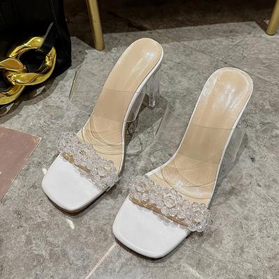 Летняя женская обувь на высоком каблуке, модные прозрачные дышащие тапочки на прозрачном каблуке, женские шлепанцы на прозрачном каблуке с квадратным носком