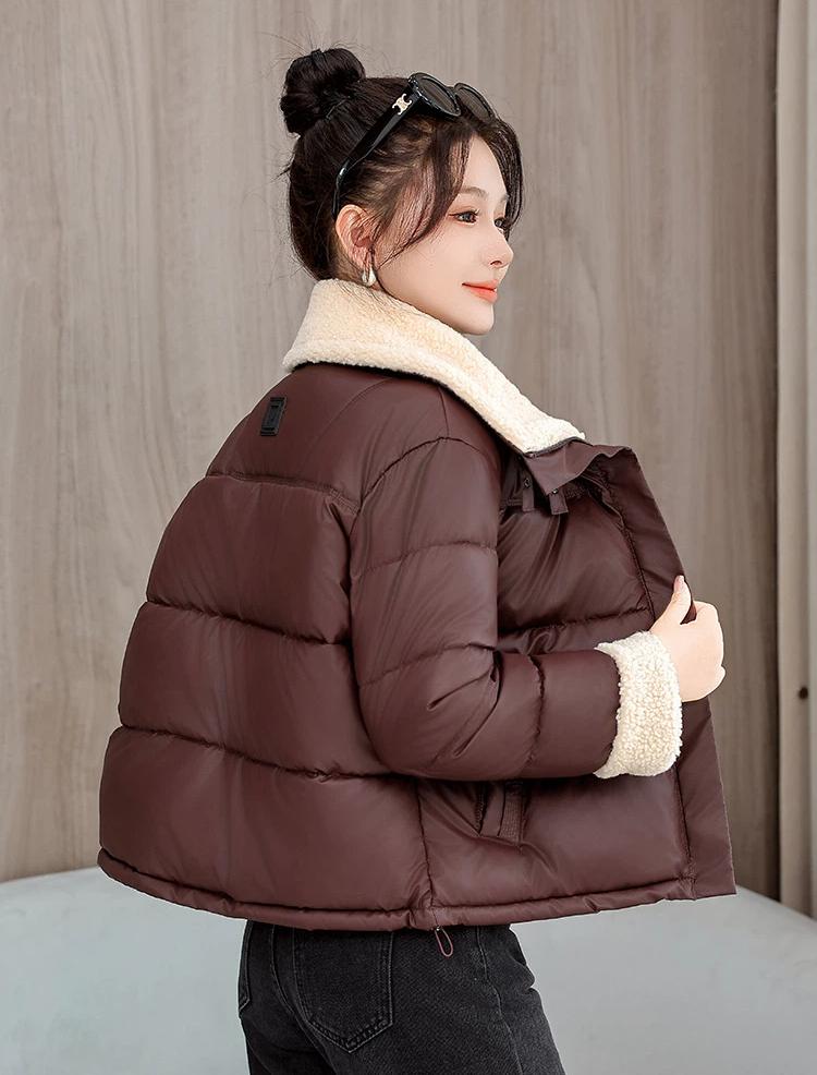 Женская короткая зимняя куртка с лацканами из овечьей шерсти