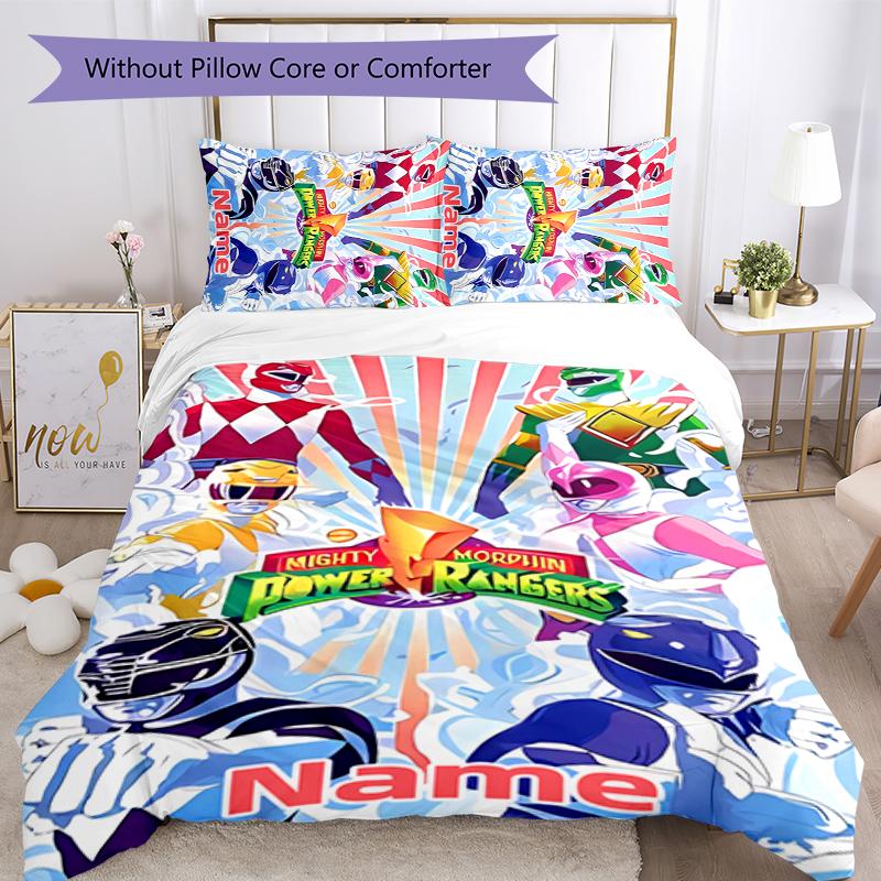 3pcs Custom Name Cartoon Mighty Morphin Power Rangers Bedding Set Duvet Cover Closure Includes 1 Duvet Cover & 2 Pillowcases for All Seasons Bedroom D