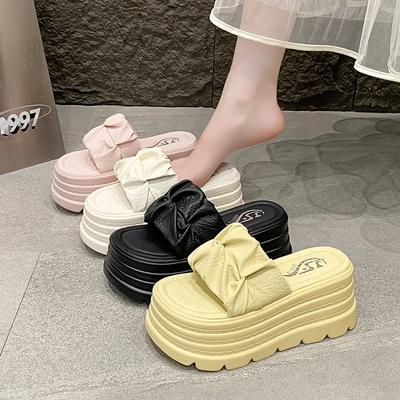 Модные 8 см Летние женские тапочки Новые плиссированные Толстая подошва Папины кроссовки Повседневные Слайды на высокой платформе Домашние Шлепанцы Кроссовки Женские
