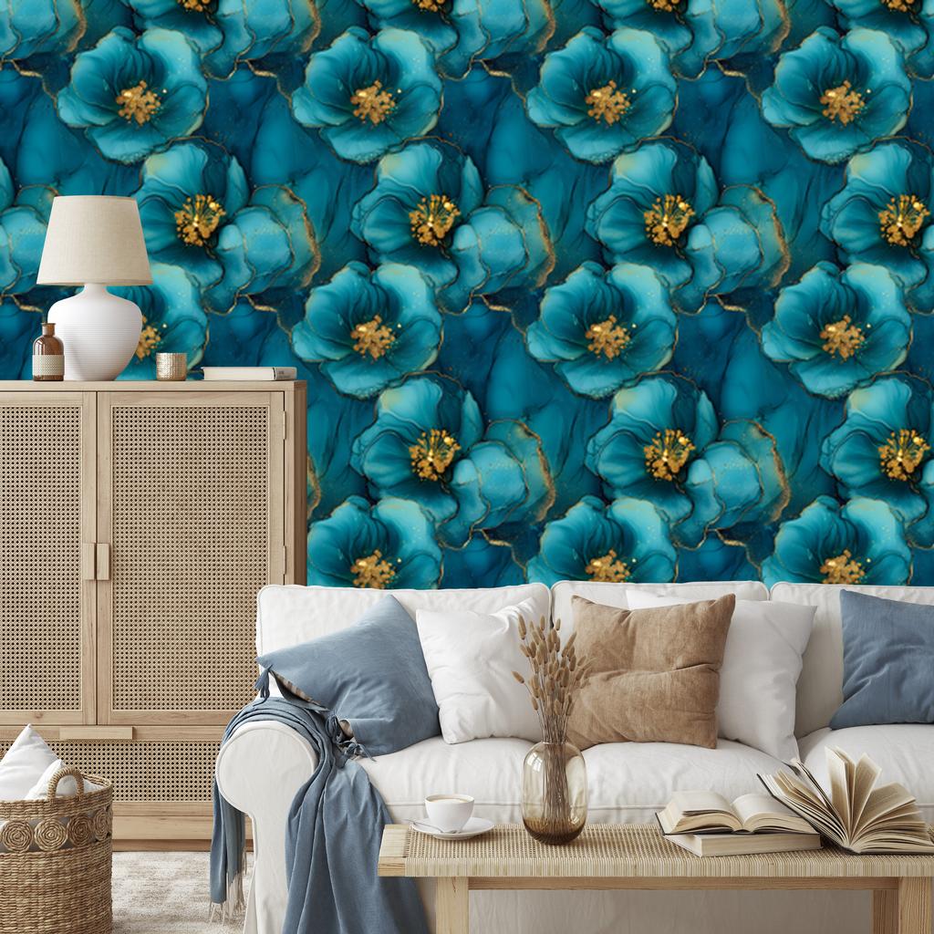 Ink Wallpaper Turquoise, Sea Blue and Navy Blue for Living Room and Bedroom 50x1000