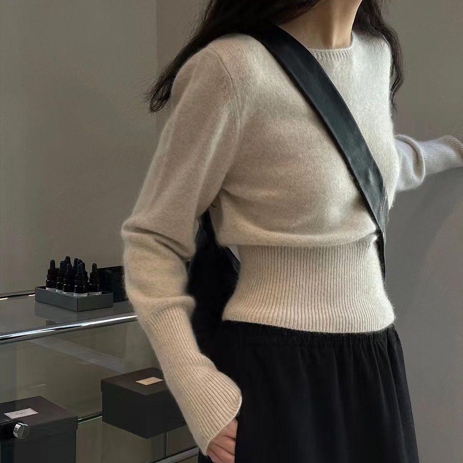Women's High-Waisted 100% Wool Knit Sweater - Loose Fit, Slimming, Round Neck, Cashmere Base Layer for Autumn & Winter