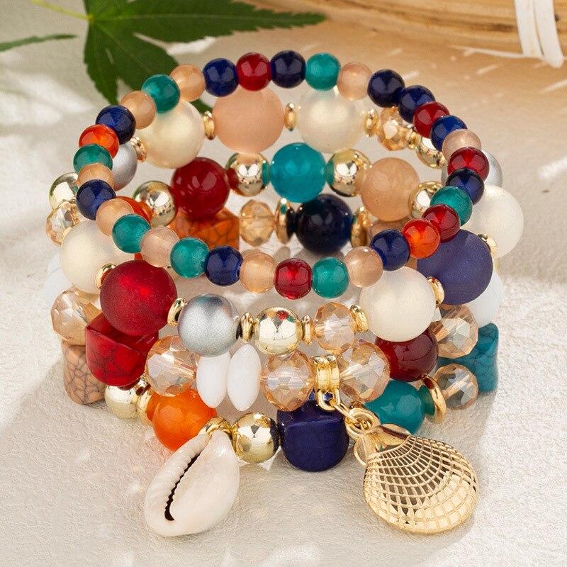 4 шт./компл. эластичные браслеты с кисточками в стиле бохо, эффектные браслеты из смолы с кристаллами и камнями ручной работы, браслеты с бусинами, модные вечерние ювелирные изделия