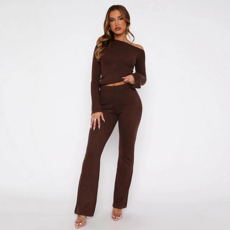 Womens 2025 Casual 2-Piece Set: Slim Fit Long Sleeve Top Elastic Waist Pants In Solid Colors
