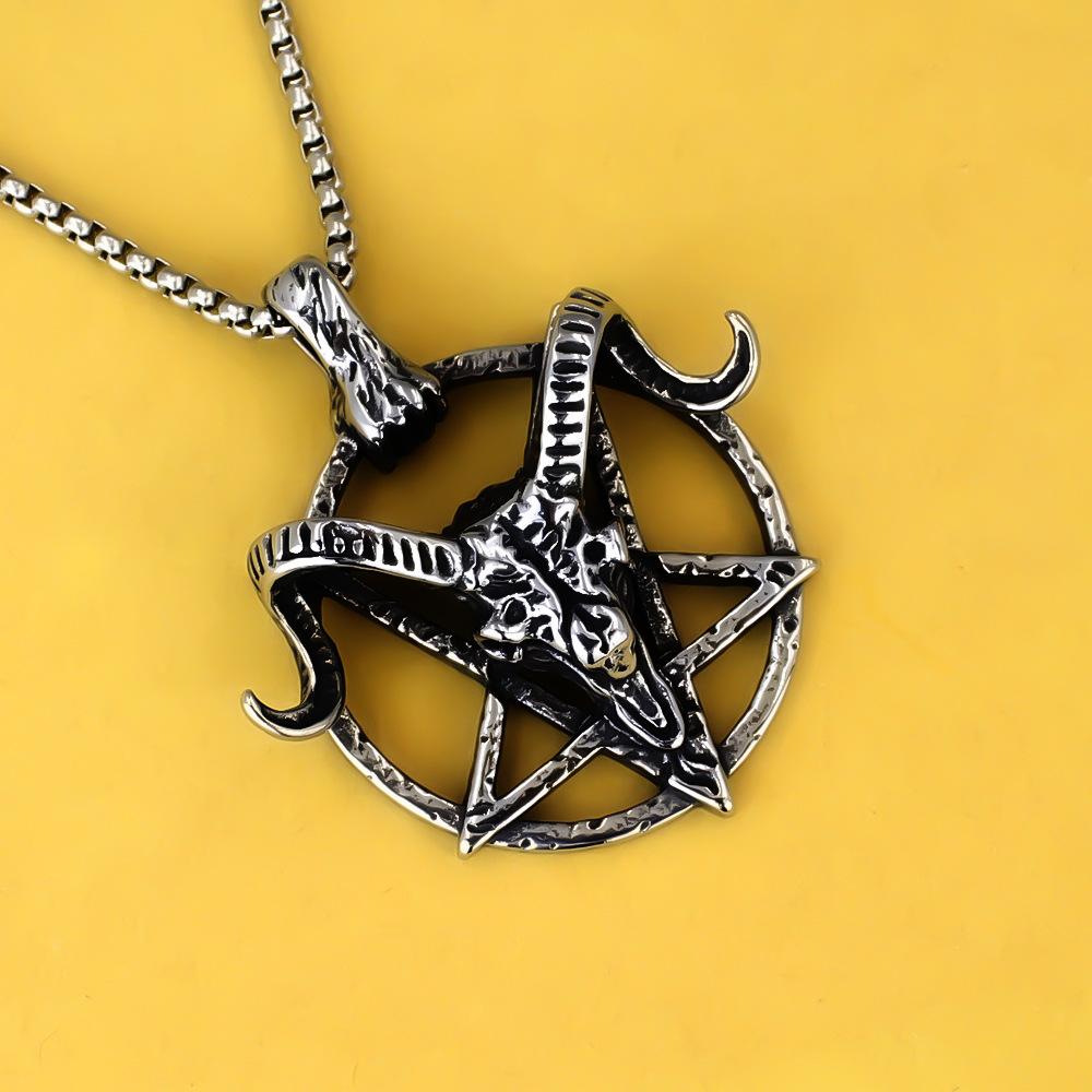 European and American Retro Gothic Dark Style Hollow Five-pointed Star Goat Head Ring Pendant Boys Necklace