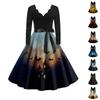 Women's Vintage Classic Dress Neck Waist Bow Tie Long Sleeves Halloween Print V Neck Swing Dress