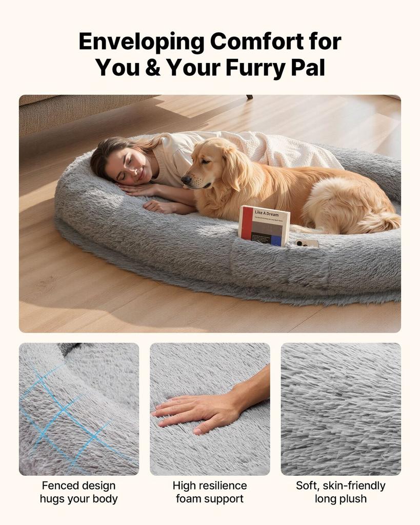 Human Dog Bed, 1740 x 1180 x 240 mm Orthopedic Memory Foam Human Sized Dog Bed, Humans Pet Beds with Side Pocket, Handle & Zipper, Removable