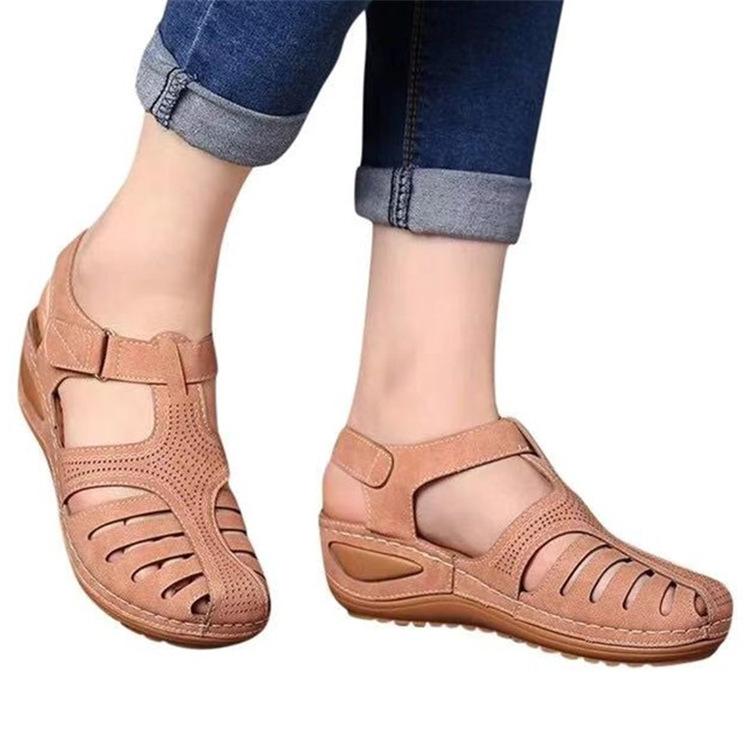 New ModelVelcro Retro Women'S Sandals Car Line Hole Shoes Non-Slip Large Size Round Head Wedge Comfortable Sandals Women