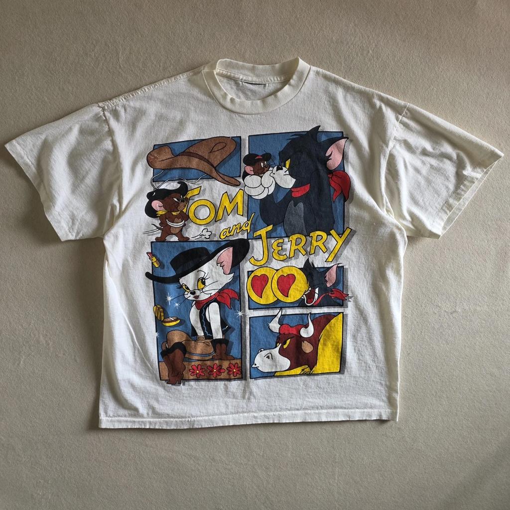 Tom And Jerry Cowboy 90s Style Double-sided Tshirt XL Eggshell White