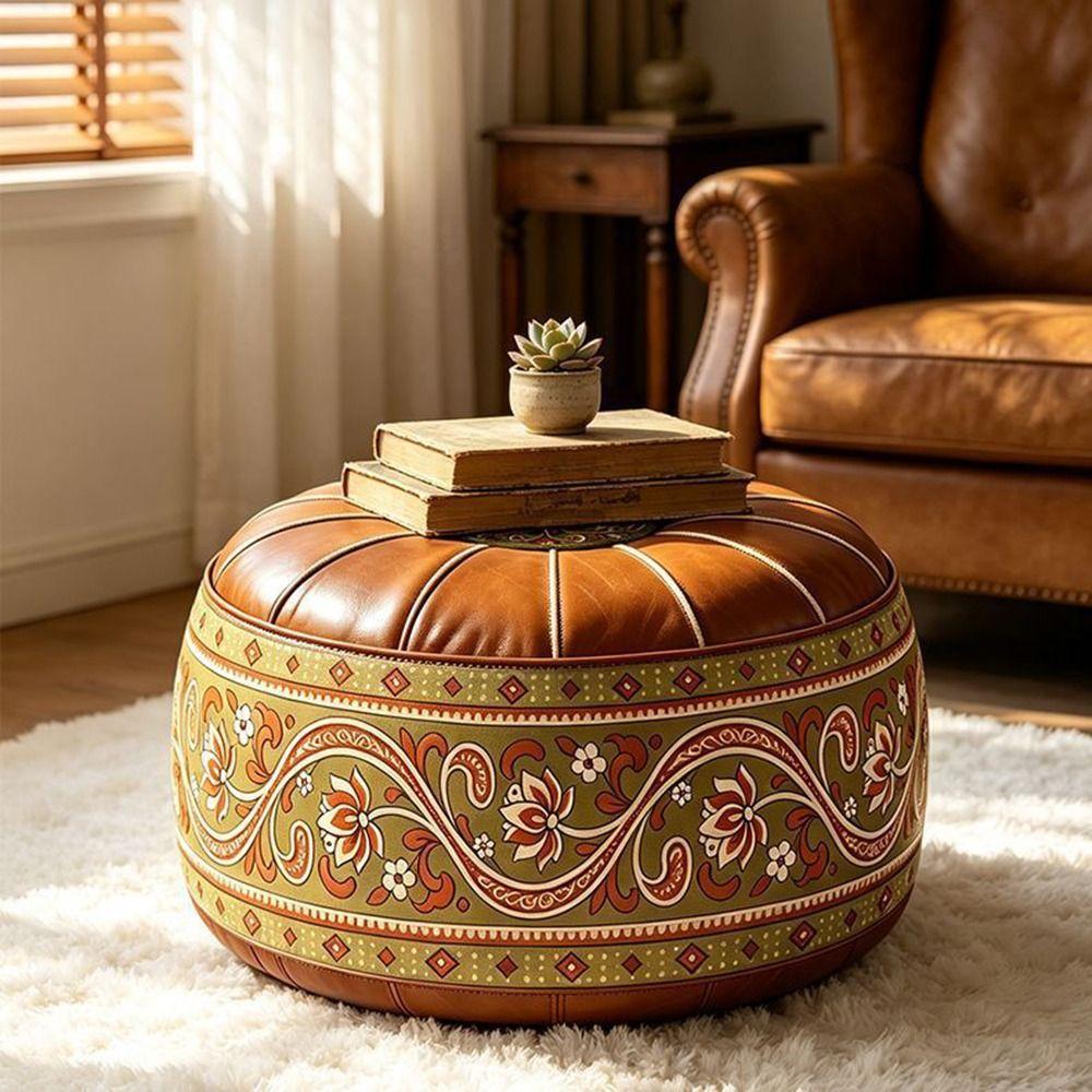 Round Shape Fillable Ottoman Pouf PU Leather Floor Seat Cushion New Storage Ottoman Living Room