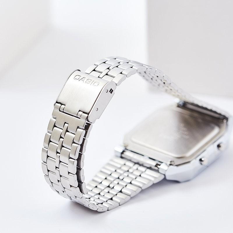 Casio Серия YOUTH - металлический маленький квадратный маленький квадратный ретро модный тренд простой водонепроницаемый спортивный кварцевый механизм стальной ремешок A500WA-1