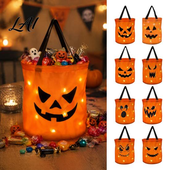 Glowing LED Trick or Treat Pail Pumpkin Candy Bag with Lights Reusable Halloween Costume Prop for Kids Tote Kids Handbag Party Favors Container