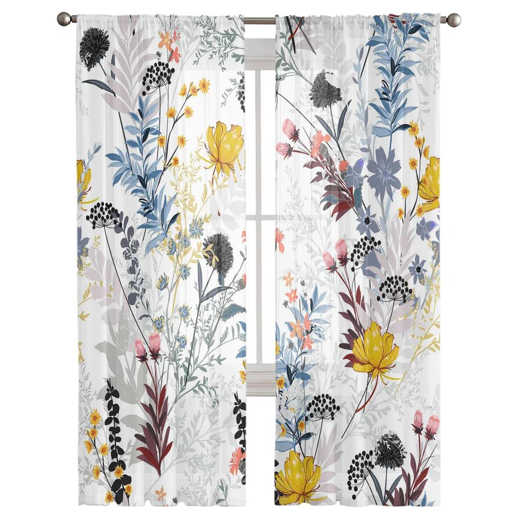 Flower Plant Dandelion Leaves Chiffon Tulle Curtains for Living Room Kitchen Bedroom Sheer Voile Yarn Window Treatment