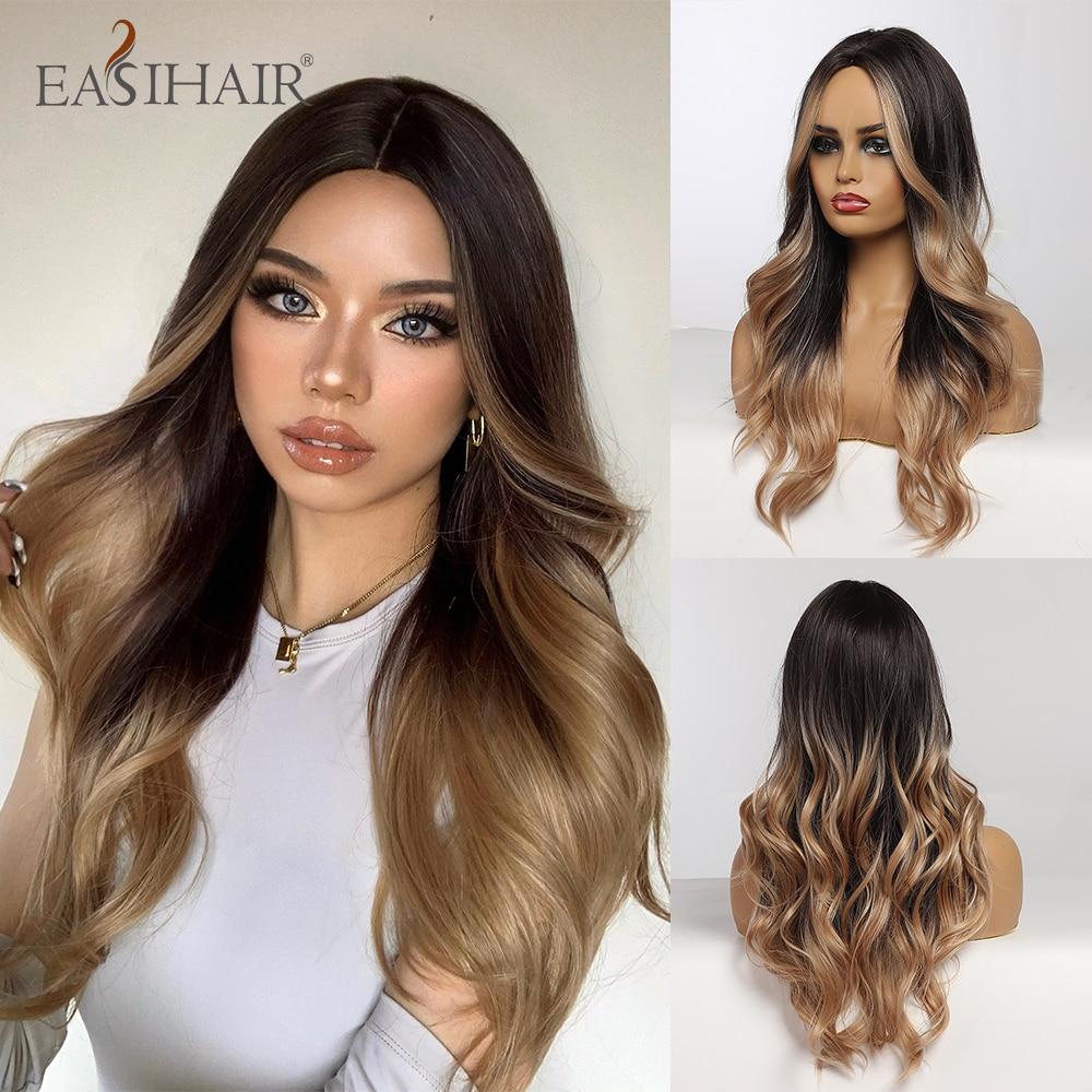 EASIHAIR Длинные медово-коричневые синтетические парики с эффектом омбре для женщин, смешанные коричневые волнистые натуральные парики, средняя часть, парики для косплея, термостойкие