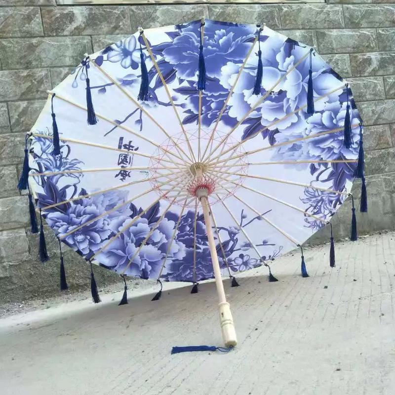1PC with Tassel Classical Women's Umbrella for Hanfu Accessories Satin Cloth Photograph Props Fairy Ancient Parasol