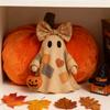 Patchwork Ghost Halloween Decor Handmade Ghost with Pumpkin Bucket And Floral Bow Vintage Tabletop Ornament for Shelf Home Decoration