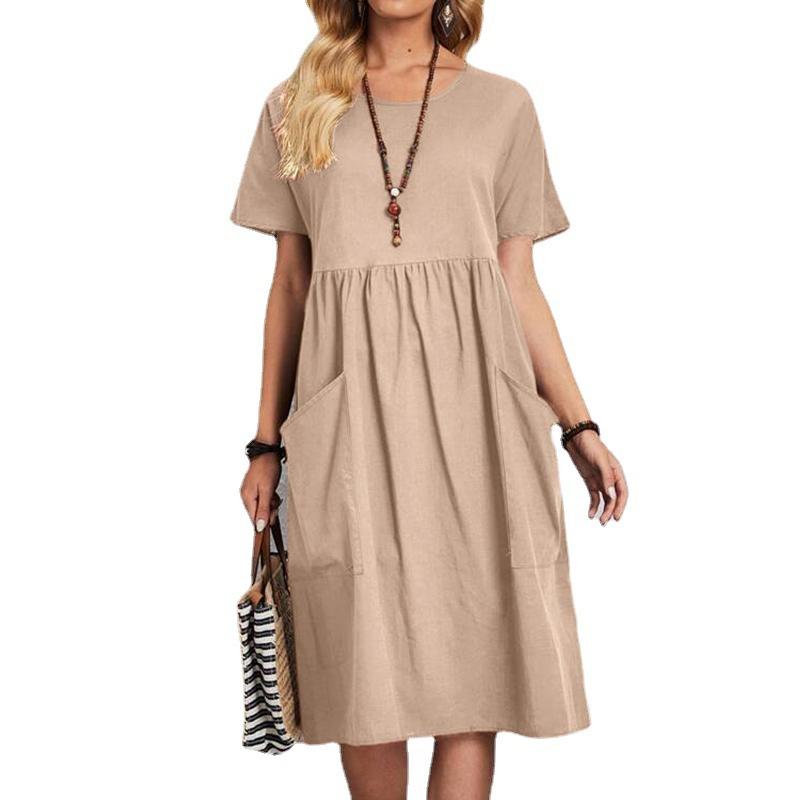 Летнее женское платье большого размера однотонное с круглым вырезом, карманом, плиссировкой, коротким рукавом из хлопка и льна