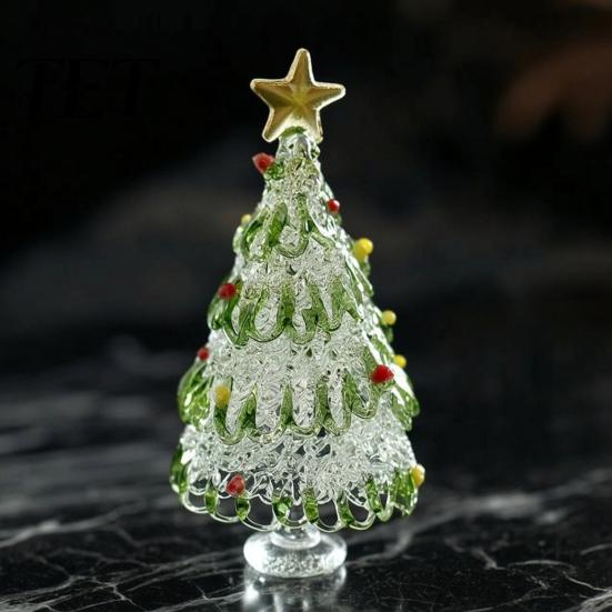 Holiday Party Centerpiece Hand Blown Glass Christmas Tree Figurine with Golen Star, Interior Design Accent Mini Xmas Ornament, Handmade Desktop