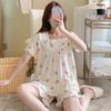 Комплект домашней одежды с принтом, мягкая ткань, бант, рукава-фонарики, квадратный вырез, эластичные шорты для женщин, лето