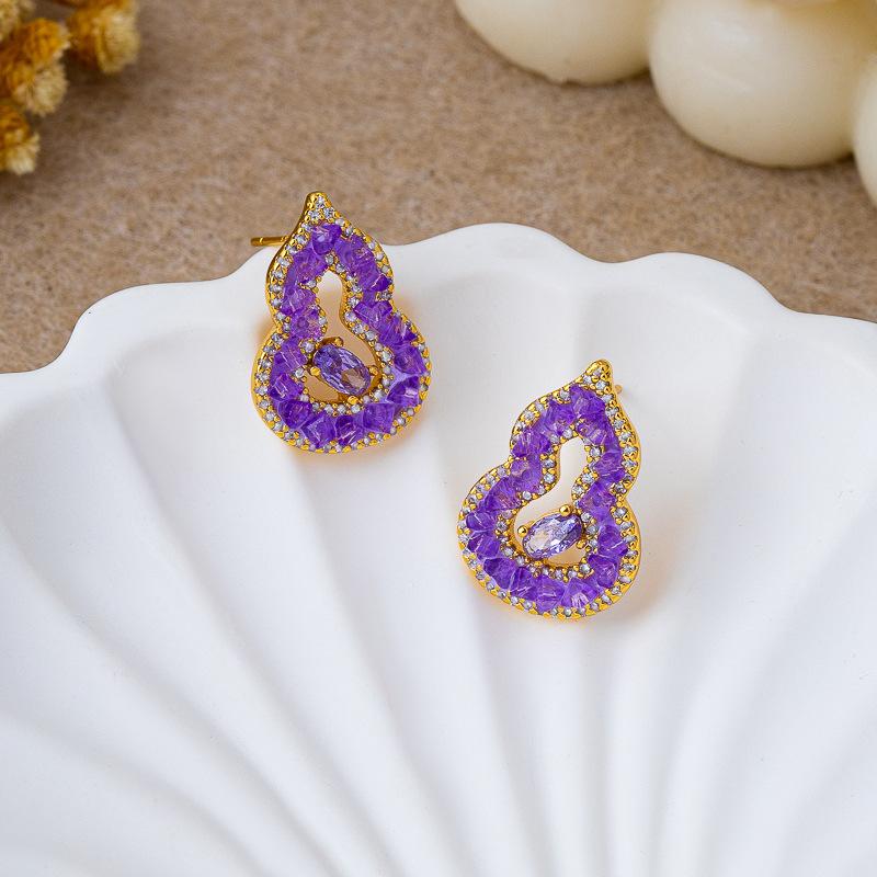 Light luxury high-end purple inlaid zircon gourd stud earrings, shining elegant temperament, exquisite design, versatile earrings