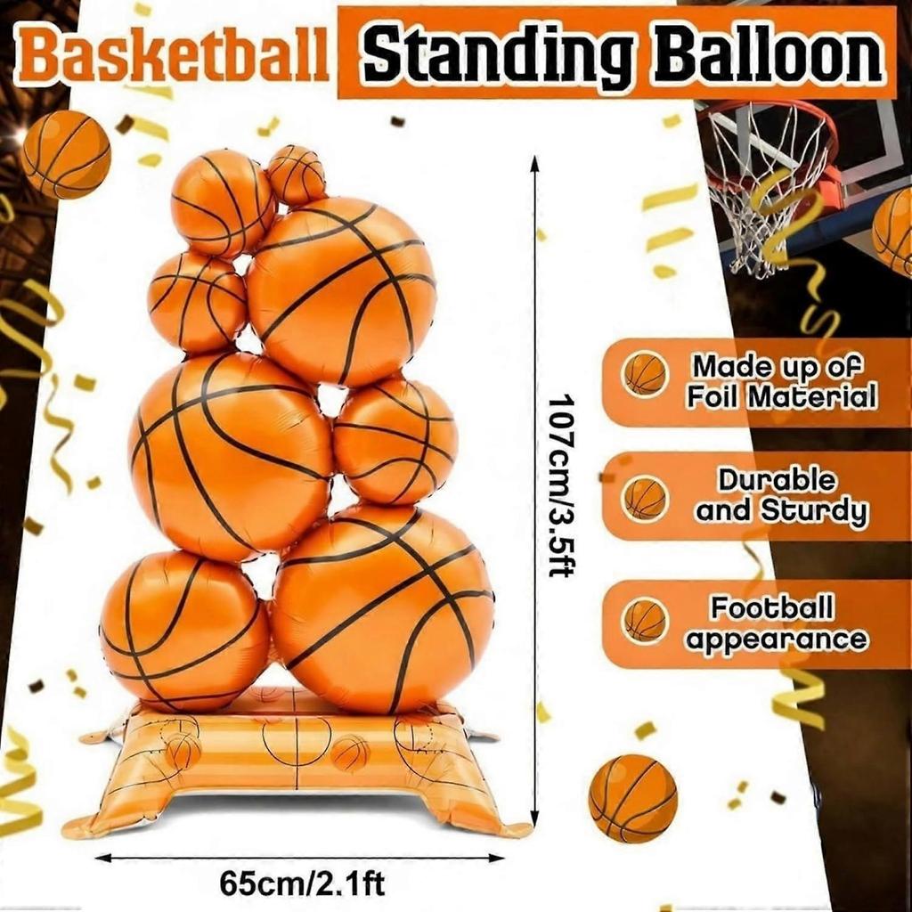 2 Pack Giant Self Standing Basketball Foil Balloons 3.5 ft with Field Base for Birthday Themed Party Decoration Sports Supplies Decor (Basketball Pile