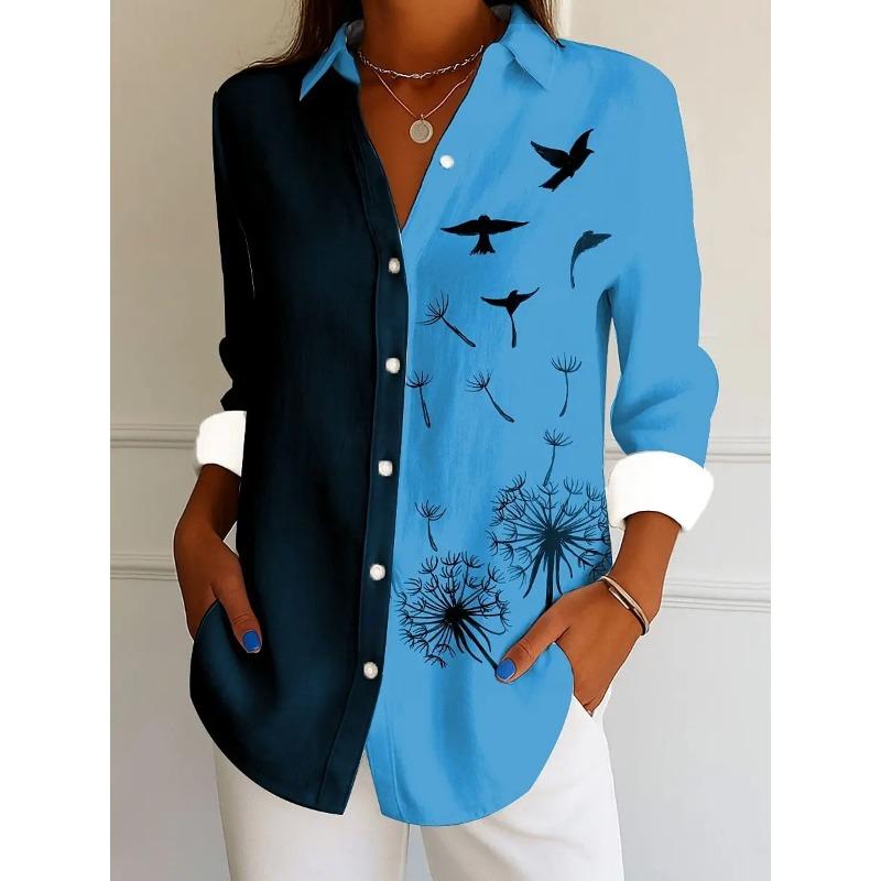 Women's Shirt For Spring Autumn Tops Elegant Dandelion Floral Graphic Bird Pint Long Sleeve Shirt Streetwear Casual Ladies Shirt