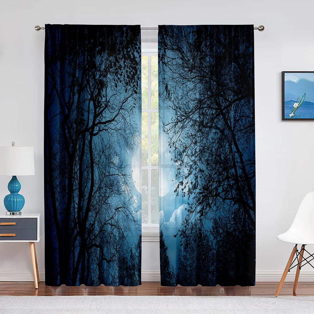 Ночное небо, луна, звезды и лес, озеро, прозрачные вуалевые шторы для спальни, гостиной, кухни, тюлевые шторы, шифоновые оконные шторы