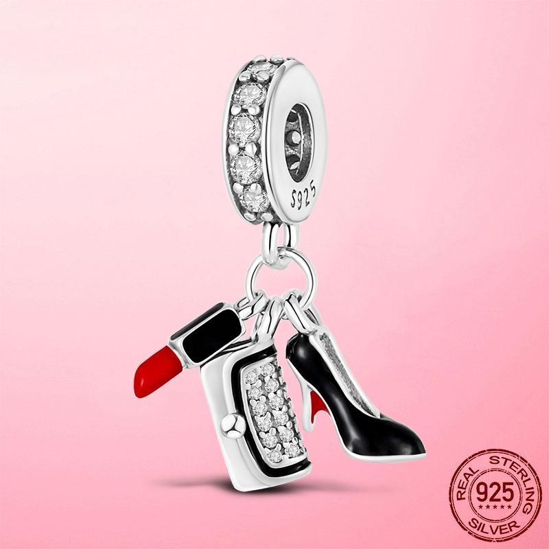 New 925 Sterling Silver Red Enamel High Heels Shoes Dangle Charm Fit Fashion Bracelet Necklace Original Jewelry Making