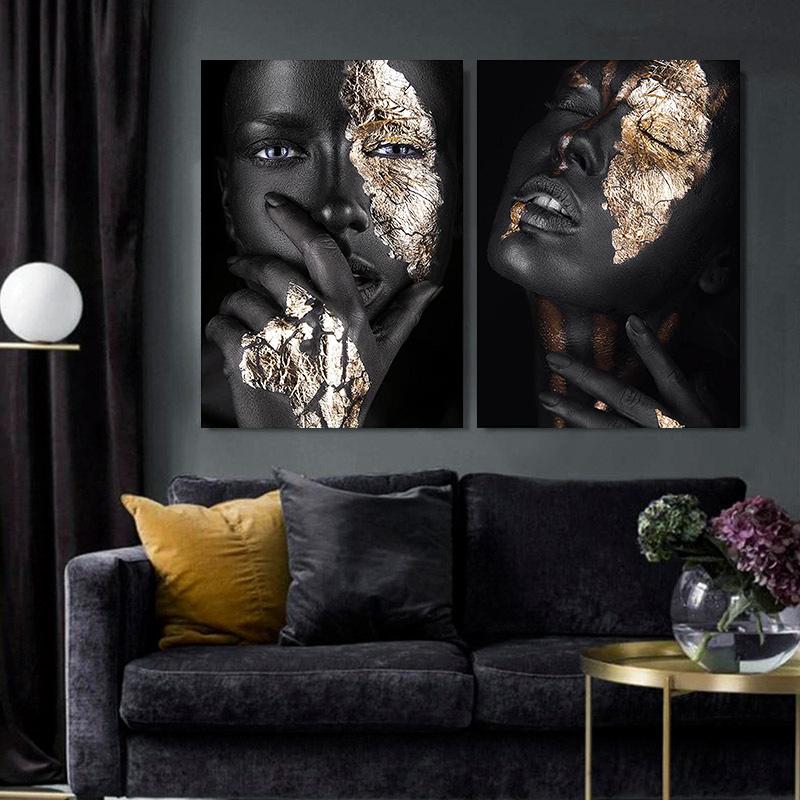 African Art Black Gold Women Posters and Prints Modern Portrait Canvas Painting Wall Art Picture for Living Room Home Decoration