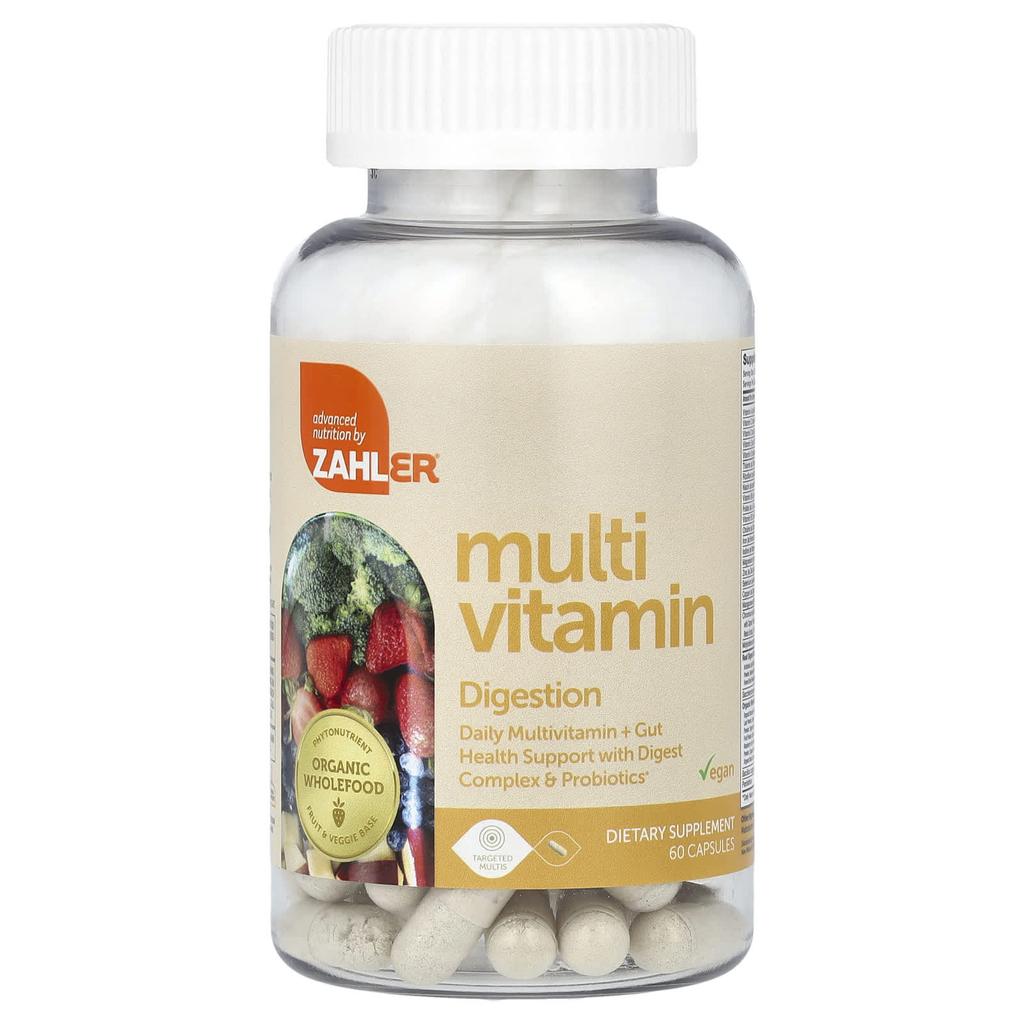 Zahler Мультивитамины для пищеварения, Daily Multi + Gut Health Support, с комплексом Digest и пробиотиками, 60 капсул
