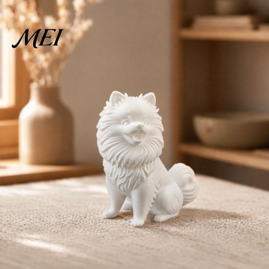 Three-dimensional Dog Statue 3D Printed Cute Pomeranian Figurine, White Twisting Head Puppy Statue, Small Versatile Home Style Accessory Desktop