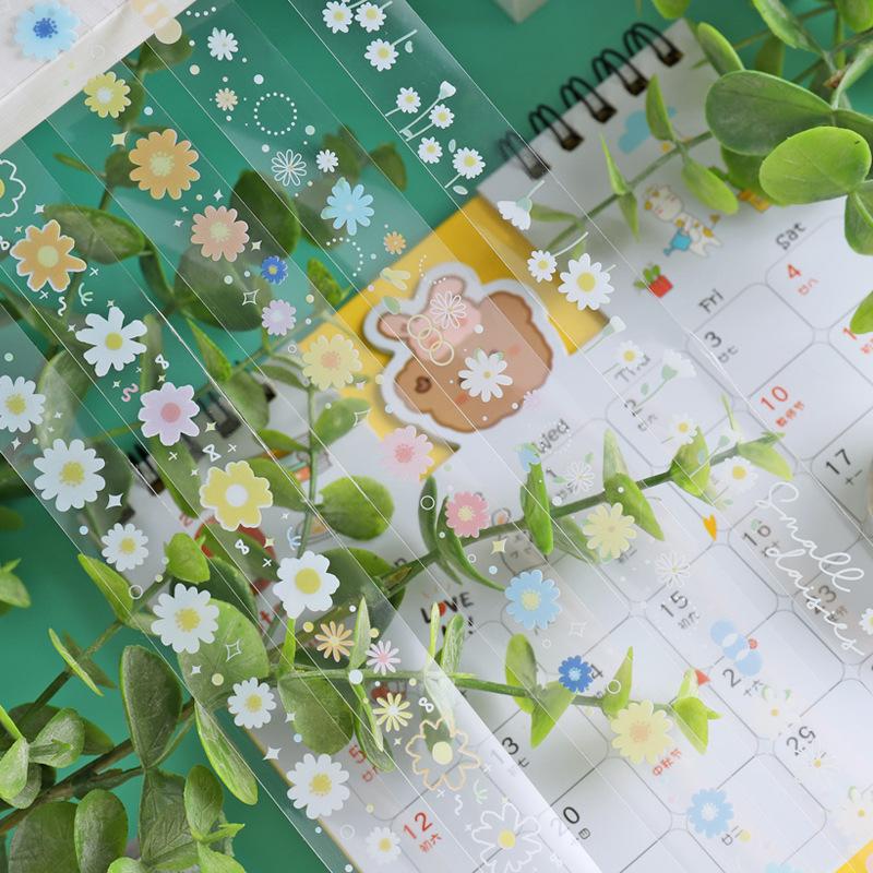 5Rolls Transparent Decorative Tape Pet Waterproof Self-Adhesive Flower Daisy Pattern Decorative Masking Tape Diy Decorative Tape