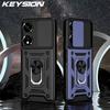 KEYSION Shockproof Armor Case for Itel P55 5G Silicone+PC Slide Camera Lens Protection Ring Stand Phone Cover for Itel P55 5G
