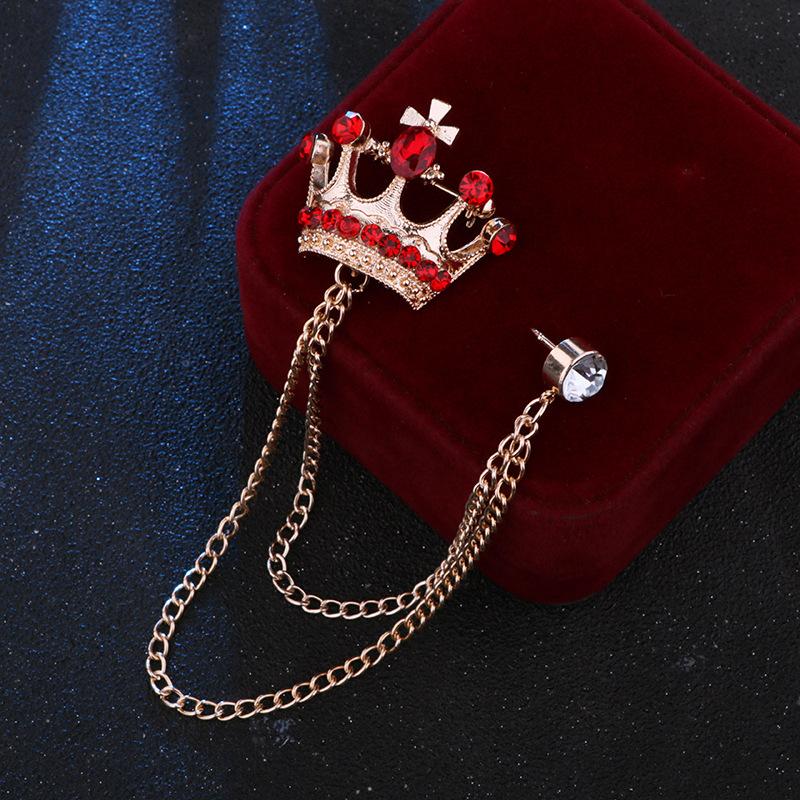 Crystal Men Brooch Pin Crown Fashion Collar Pins Suit Lapel Wedding Gift Jewelry Cross Chain