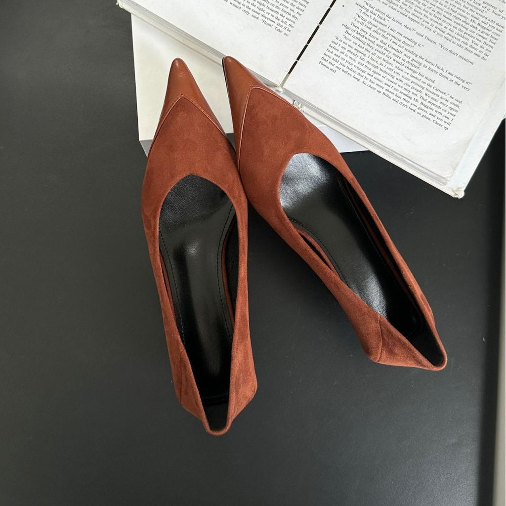 Retro Pointed Single Shoes Women's Outer Wear High-end Suede Korean Version High Heels Women's Thin Heels French Splicing Soft Leather Women's Shoes