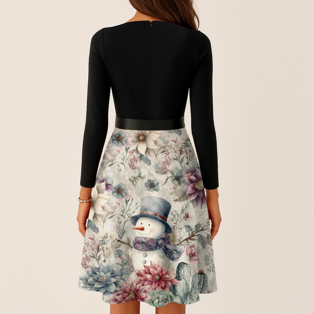 Женское рождественское платье с принтом, повседневное и модное, с V-образным вырезом и длинными рукавами