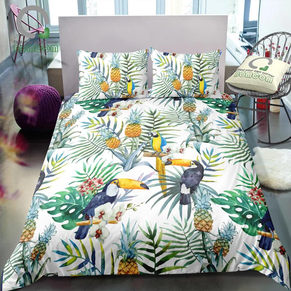 Пододеяльник с тропическими птицами, акварельными колибри, цветами, постельным бельем для двоих, экзотической дикой природой, белым абстрактным полиэстеровым одеялом