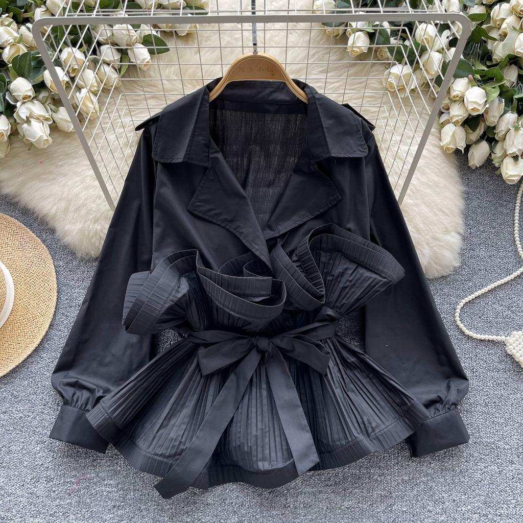 Стиль дочери в стиле легкой роскоши, высококлассная рубашка с воротником-костюмом, женская осенняя куртка с дизайном талии на ремешке и краем в виде лепестков лотоса