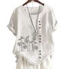 Womens Linen Cotton Casual Tee with 8 Classic Black and White Botanical Floral Patterns, Round Neck, Short Sleeves S-5XL