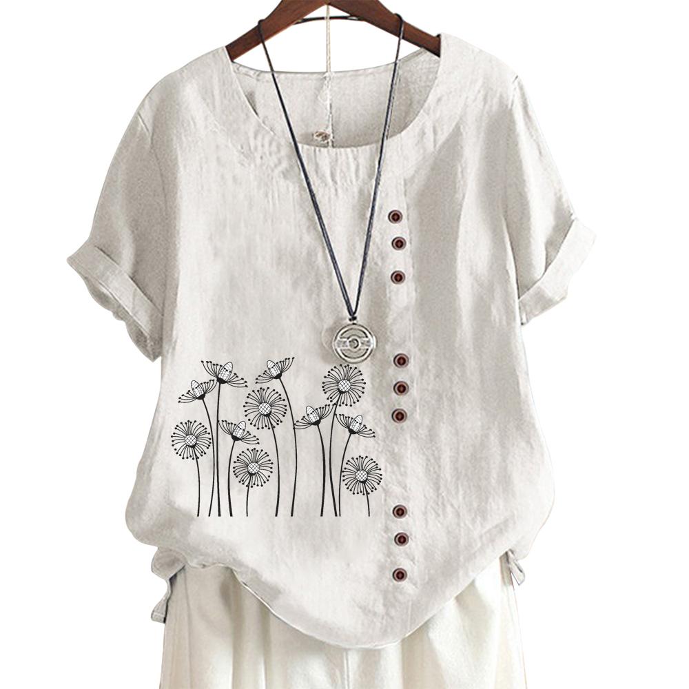 Womens Linen Cotton Casual Tee with 8 Classic Black and White Botanical Floral Patterns, Round Neck, Short Sleeves S-5XL