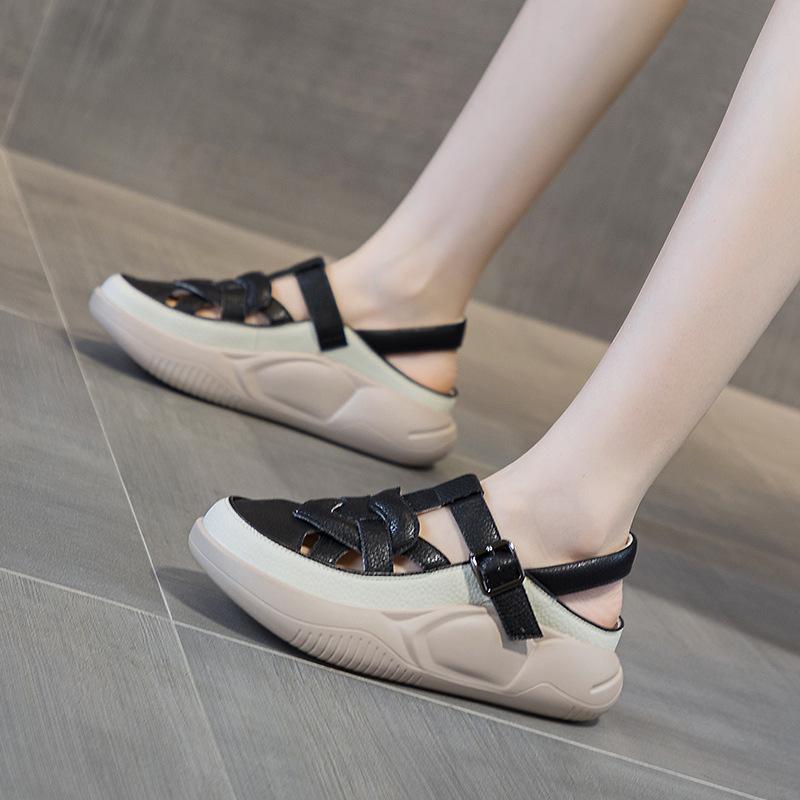 Sandals Women's New Leather Flat Bottom Bag Head Soft Sole Maternity Shoes Casual Fashion Outer Wear Color Matching Beach Sandals