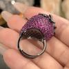 Adjustable Cute Strawberry Shaped Ring Vivid Pink with Green Accents Embellished with Sparkling Zirconia Women Fashion Jewelry