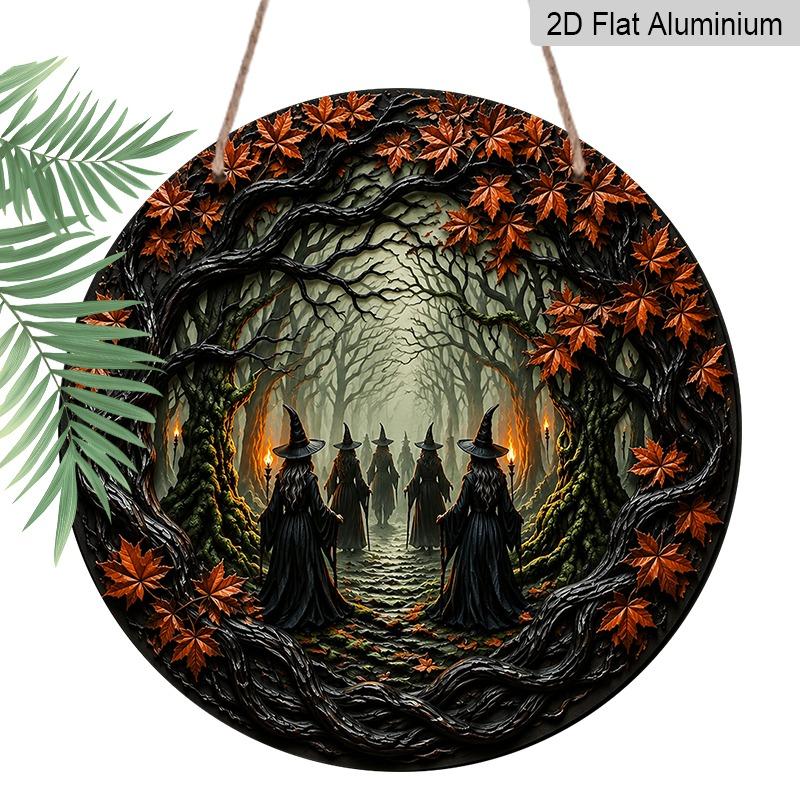 Плоская 2D 1 шт., Декоративные таблички и ornaments Знак, Хэллоуин Круглая алюминиевая подвесная табличка со сценой Леса Ведьм, Готическое Темное Фэнтези Искусство для