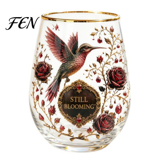 Forest Style Decorative Glass Hand Painted Tumbler, Egg Shaped Cup with Gold Rim, Clear Lead-Free Party Entertaining Glassware Mug for Tea Coffee Wine
