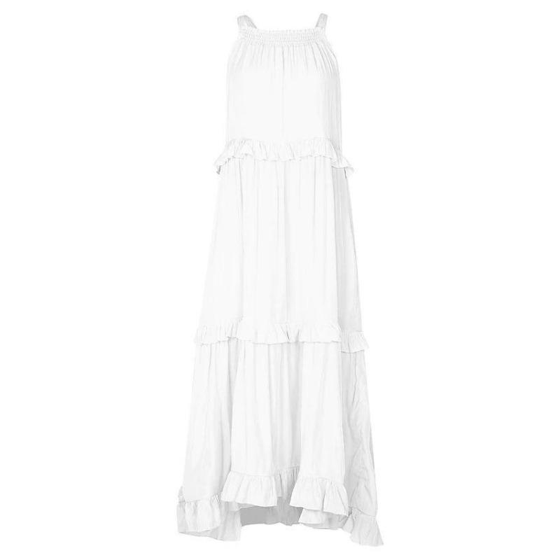Fashion Elegant Sleeveless Ruffled Maxi Long Dress New O Neck Loose Casual Simple Summer A-line Beach Dresses Female Pleated Solid Color Clothing