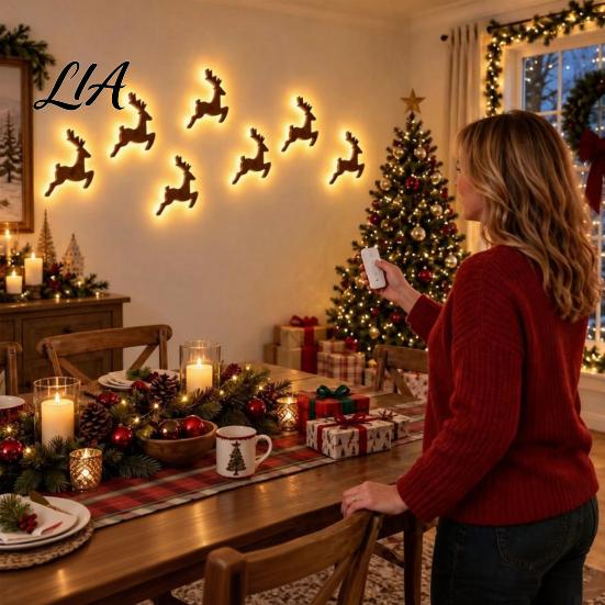 Christmas Fireplace Wall Decor LED Reindeer Decoration, 3D Light-Up Wooden Glow Silhouette Lights, Warm Backlit Festive Peel And Stick Indoor Art for