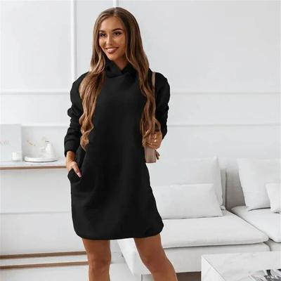 Осеннее однотонное платье с капюшоном и длинными рукавами, женская зимняя одежда, повседневные платья, офисные женские свободные мини-платья с карманами, элегантное 30032