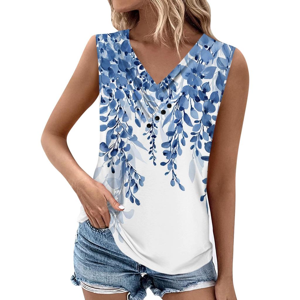 Summer Womens Tank Tops V Neck Casual Printed Sleeveless Shirts Casual Loose Fit Pleated Tshirts Tees Ladies Blouse