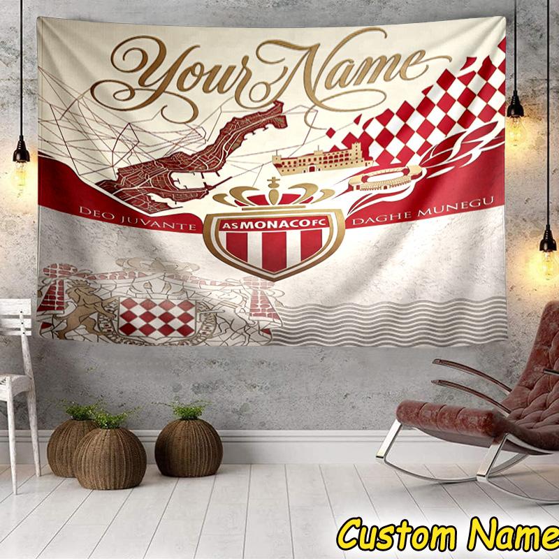 Custom Name As Monaco Fc Crest Tapestry Room Decoration Wall Hanging for Living Room Bedroom, dormitory, Birthday and Christmas gifts